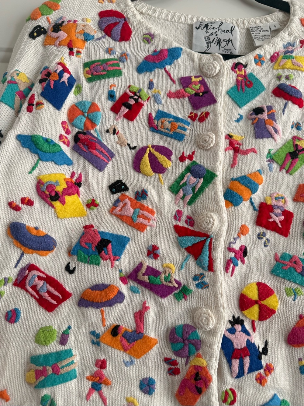 Michael Simon White Cardigan with Multicolor Beach Embroidery - Picture 3 of 5